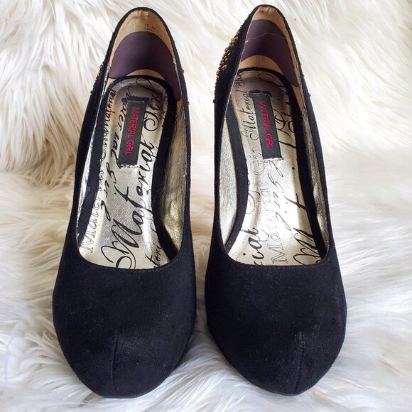 Material Girl Black Suede Gold Rhinestone Platform Heels SZ 10 - Picture 3 of 11